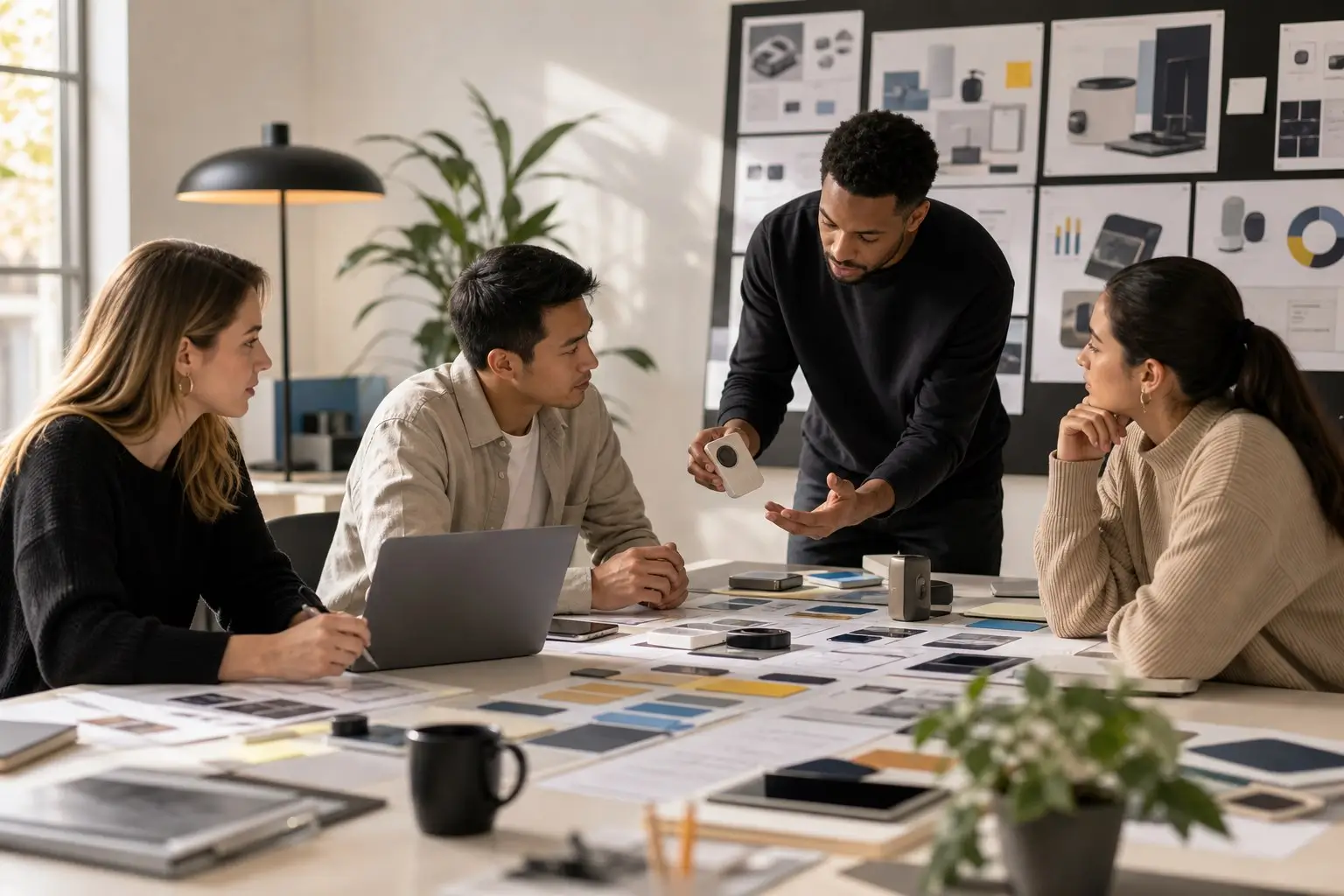 Product research team reviewing comparison boards