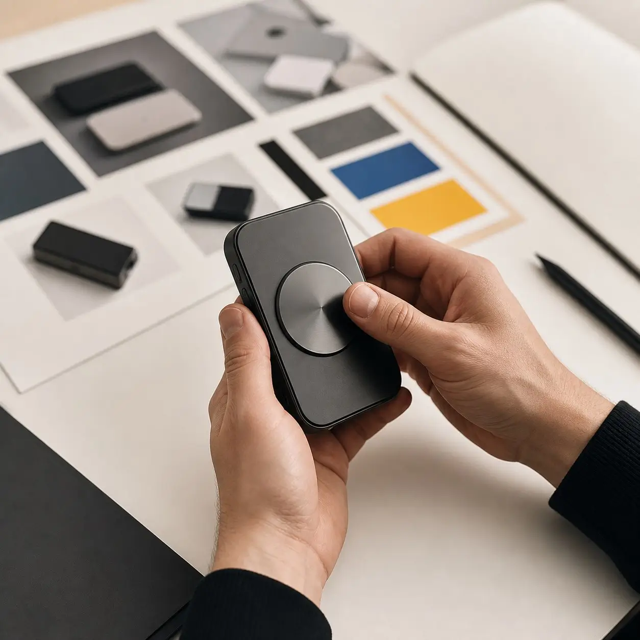 Hands inspecting an unbranded product prototype