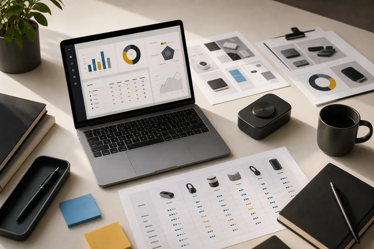 Laptop dashboard and product scoring sheets